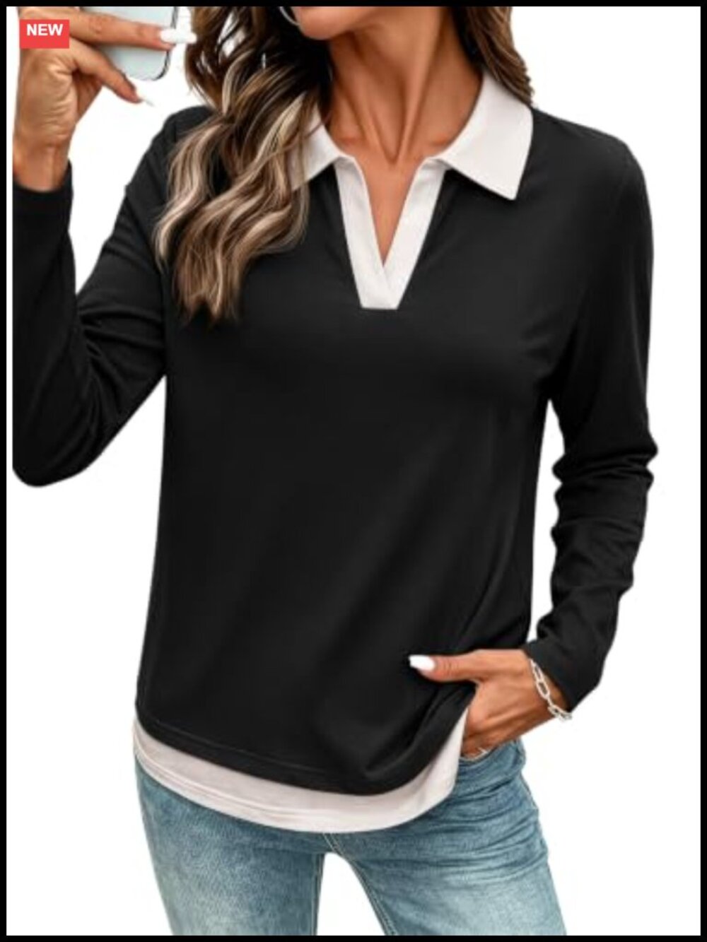 Women's Long Sleeve Color Block Polo T-Shirt V-Neck Knit Pullover